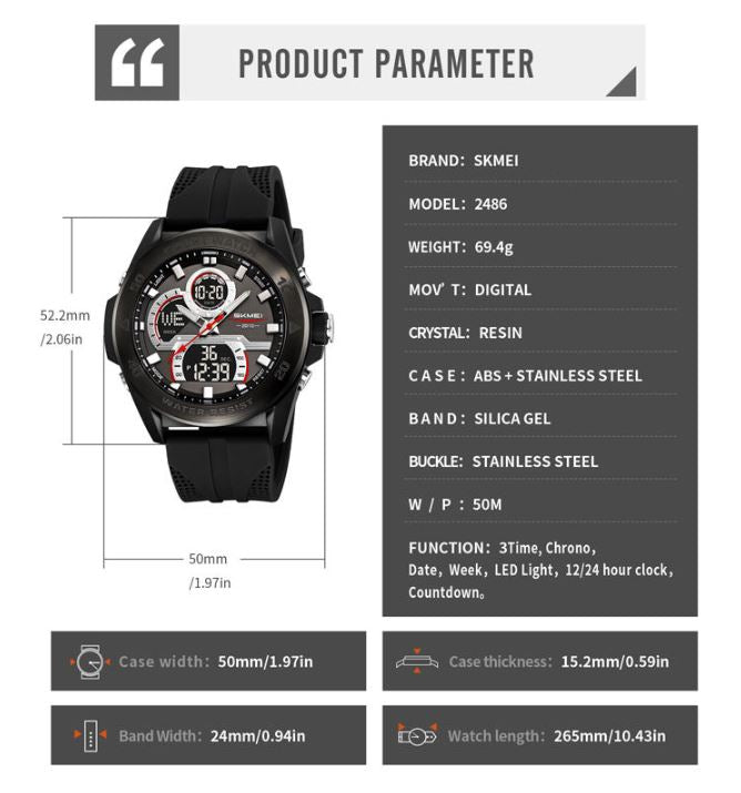 SKMEI 2486 Sport Digital Watch Black – 50M Waterproof Fashion Wristwatch