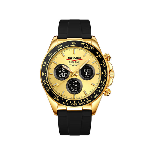 SKMEI 2588 Men’s Dual Display Quartz Watch Golden– Silicone Strap Waterproof Electronic Wristwatch