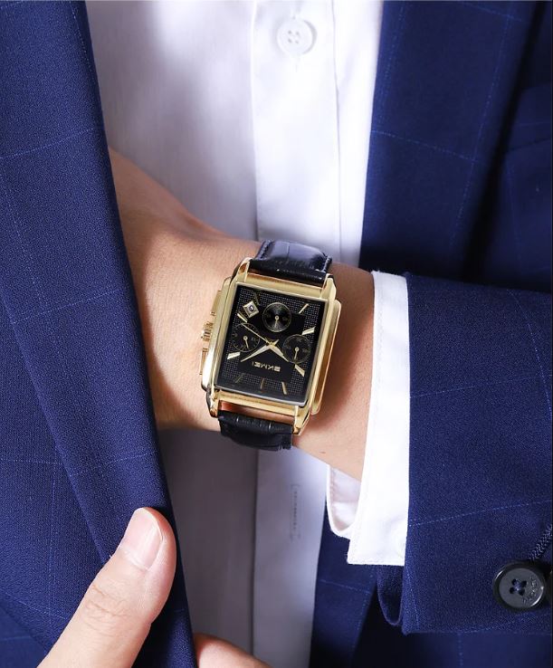 SKMEI 2339 Men’s Square Quartz Watch Golden Black – Genuine Leather Waterproof Business Chronograph Wristwatch