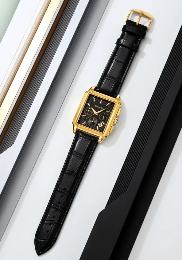 SKMEI 2339 Men’s Square Quartz Watch Golden Black – Genuine Leather Waterproof Business Chronograph Wristwatch