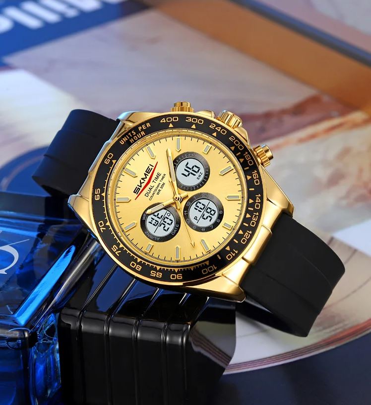 SKMEI 2588 Men’s Dual Display Quartz Watch Golden– Silicone Strap Waterproof Electronic Wristwatch