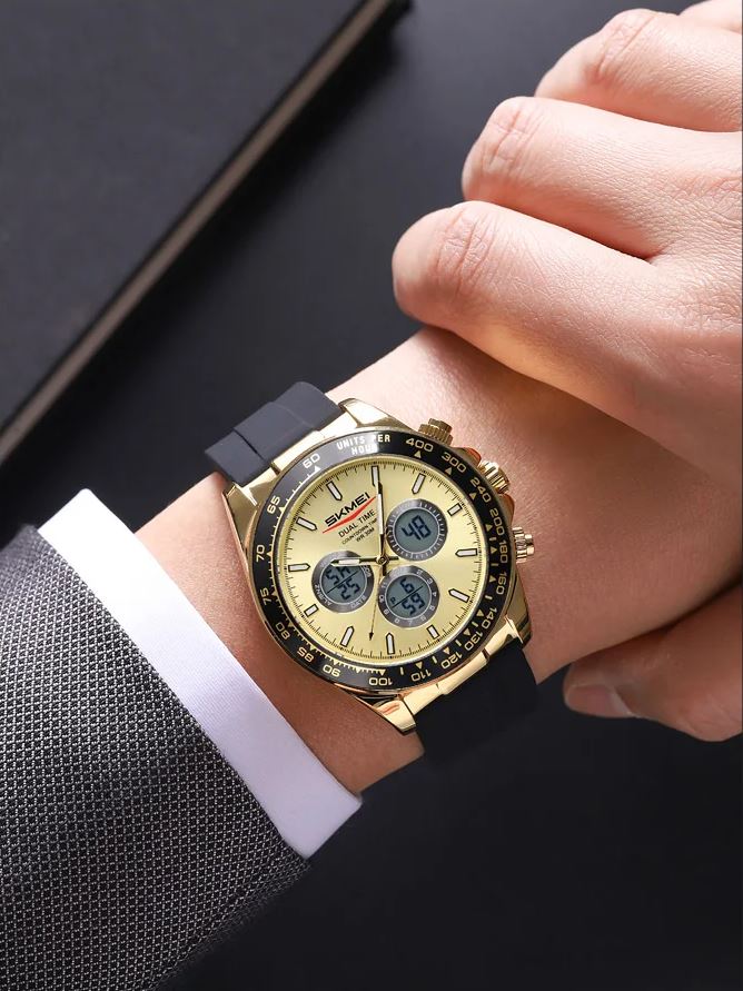 SKMEI 2588 Men’s Dual Display Quartz Watch Golden– Silicone Strap Waterproof Electronic Wristwatch