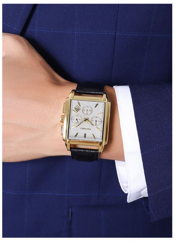 SKMEI 2339 Men’s Square Quartz Watch Golden White – Genuine Leather Waterproof Business Chronograph Wristwatch