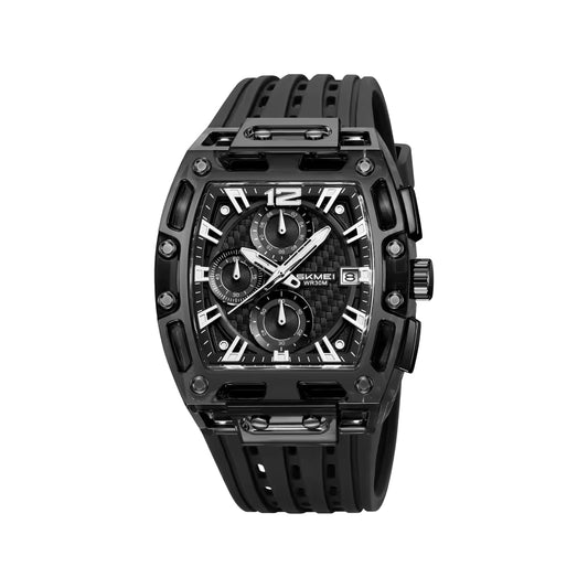 SKMEI 2606 Men’s Big Tonneau Sports Watch Black– Multi Functional Waterproof Quartz Wristwatch