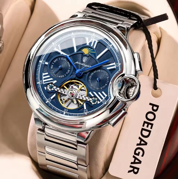 POEDAGAR 1413 Men’s Luxury Tourbillon Automatic Watch Silver Blue– Stainless Steel Mechanical Wristwatch