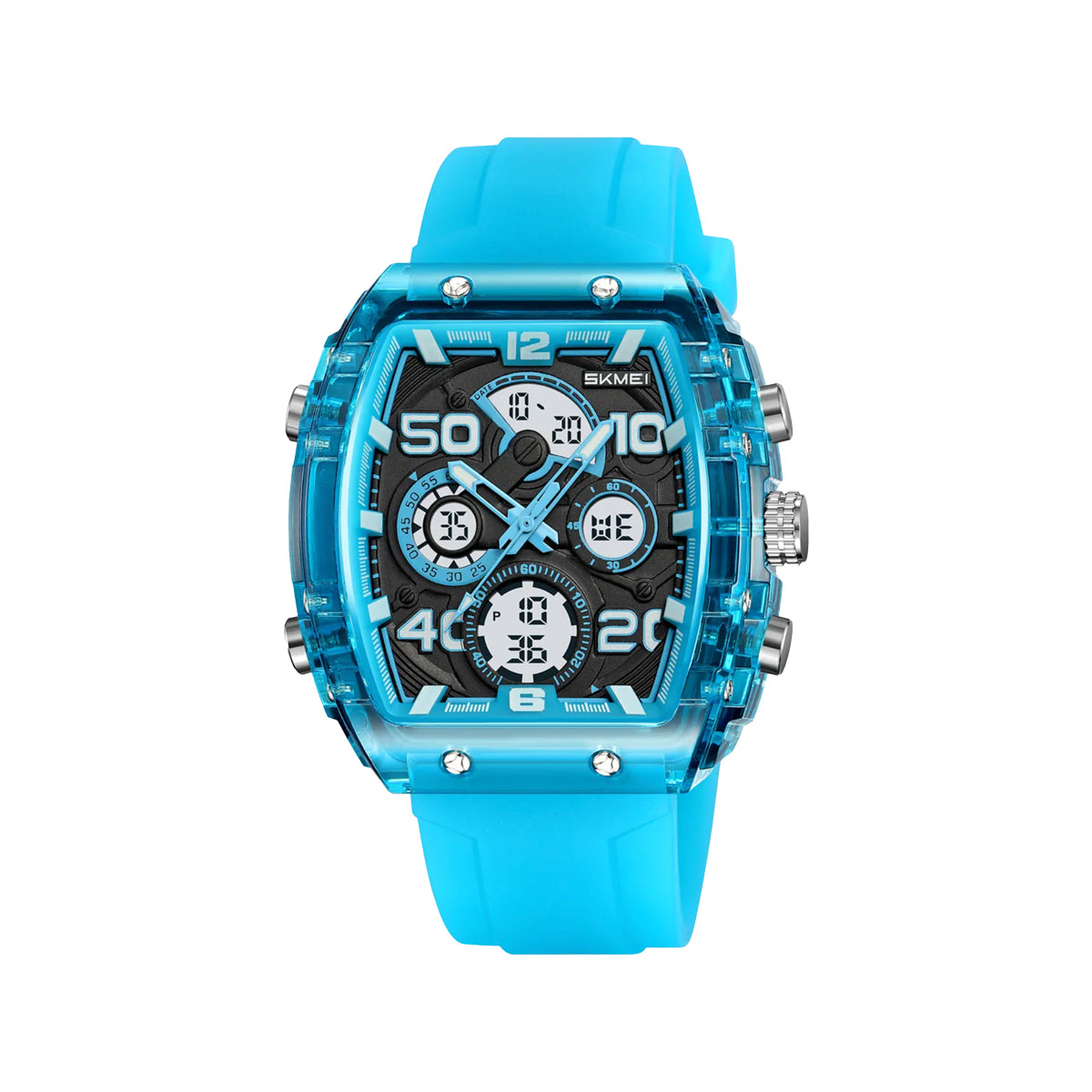 SKMEI 2603 Men’s Tonneau Digital Sports Watch Translucent blue– Chrono Waterproof LED Wristwatch