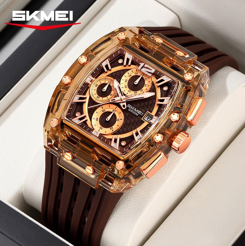 SKMEI 2606 Men’s Big Tonneau Sports Watch Brown– Multi Functional Waterproof Quartz Wristwatch