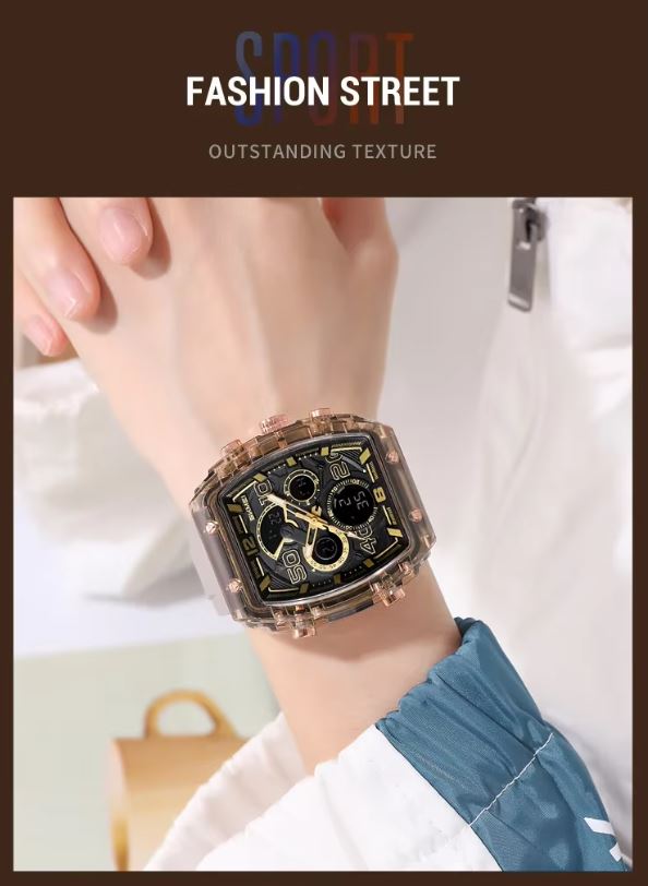 SKMEI 2603 Men’s Tonneau Digital Sports Watch Brown– Chrono Waterproof LED Wristwatch