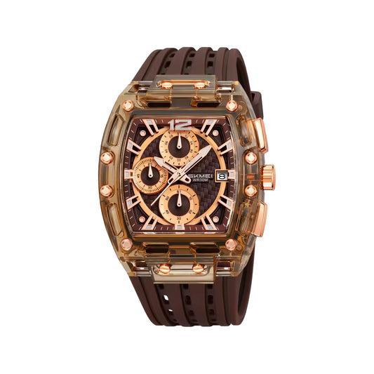 SKMEI 2606 Men’s Big Tonneau Sports Watch Brown– Multi Functional Waterproof Quartz Wristwatch