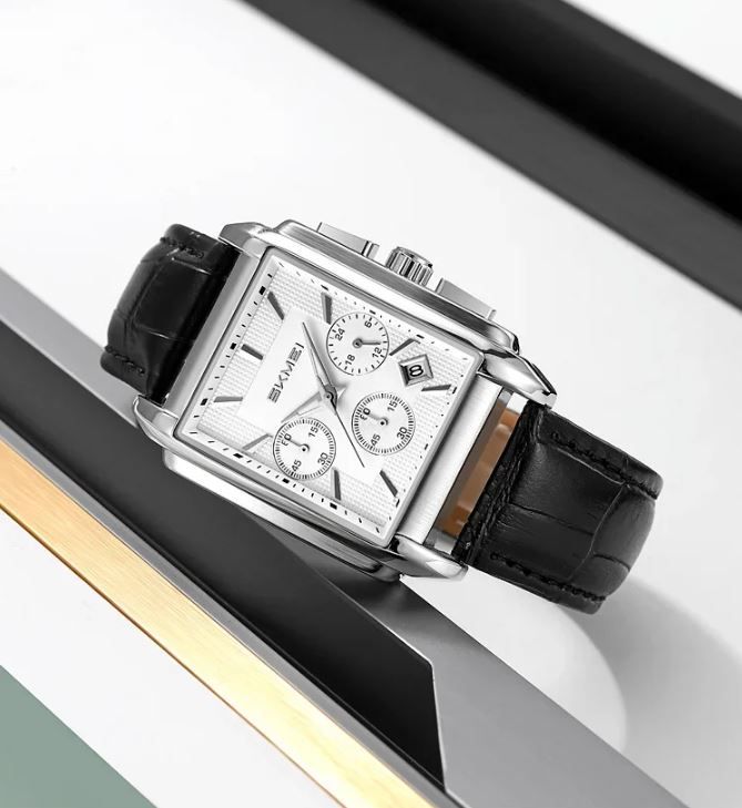 SKMEI 2339 Men’s Square Quartz Watch Silver – Genuine Leather Waterproof Business Chronograph Wristwatch