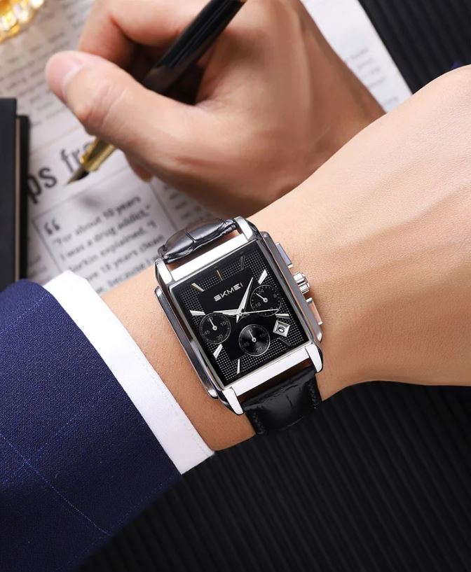 SKMEI 2339 Men’s Square Quartz Watch Silver Black – Genuine Leather Waterproof Business Chronograph Wristwatch