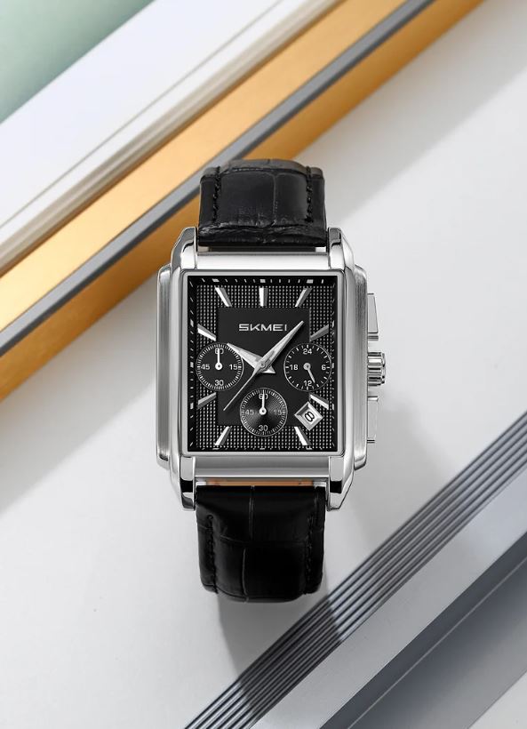 SKMEI 2339 Men’s Square Quartz Watch Silver Black – Genuine Leather Waterproof Business Chronograph Wristwatch
