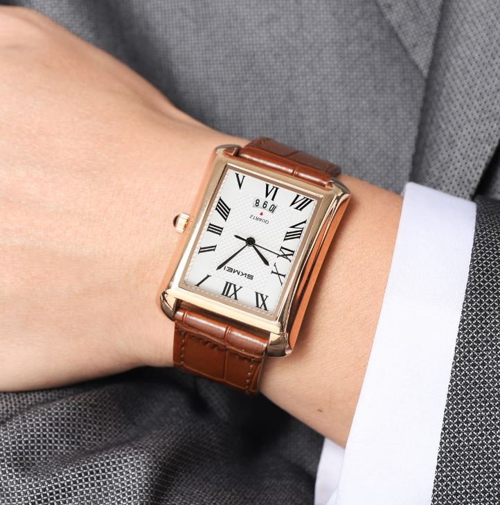 SKMEI 2575 Men’s Square Leather Quartz Watch rose gold/brown – Roman Numeral Business Waterproof Wristwatch