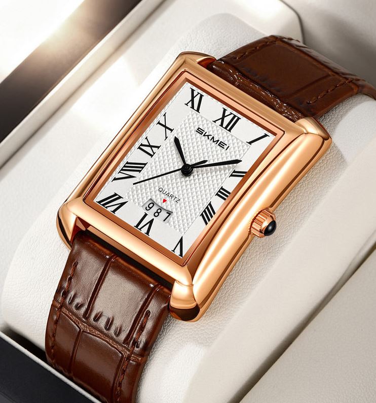 SKMEI 2575 Men’s Square Leather Quartz Watch rose gold/brown – Roman Numeral Business Waterproof Wristwatch