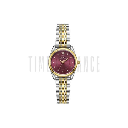 OLIYA 8518 Women’s Luxury Round Quartz Watch Maroon Dial – Stainless Steel Water Resistant Wristwatch