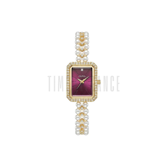 OLIYA 186 Women’s Square Pearl Strap Watch Wine Red – Elegant Jewelry Bracelet Quartz Wristwatch
