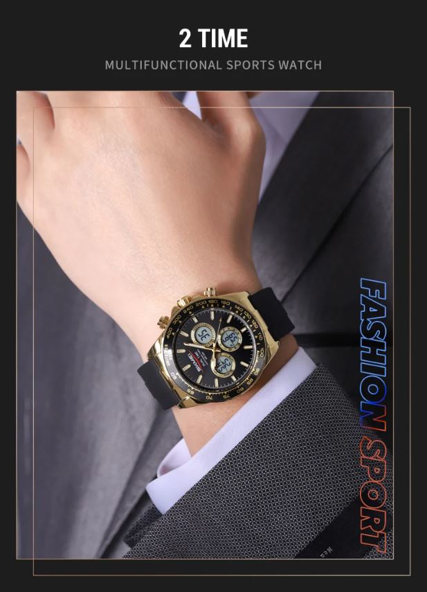 SKMEI 2588 Men’s Dual Display Quartz Watch Gold black– Silicone Strap Waterproof Electronic Wristwatch