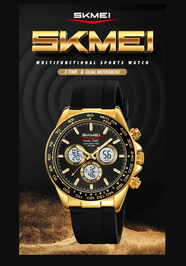 SKMEI 2588 Men’s Dual Display Quartz Watch Gold black– Silicone Strap Waterproof Electronic Wristwatch