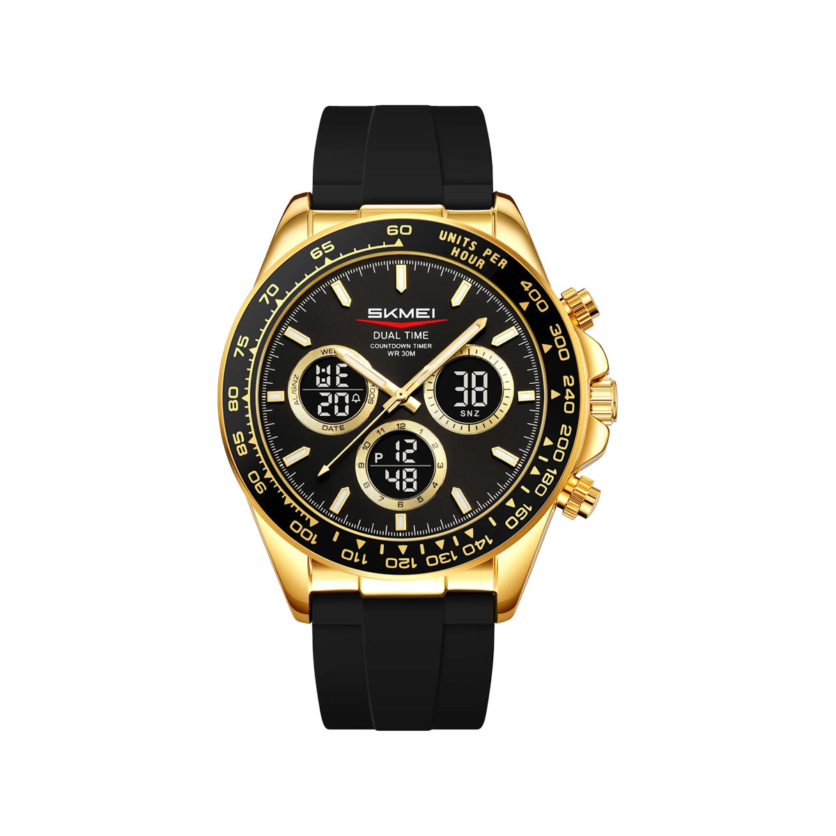 SKMEI 2588 Men’s Dual Display Quartz Watch Gold black– Silicone Strap Waterproof Electronic Wristwatch