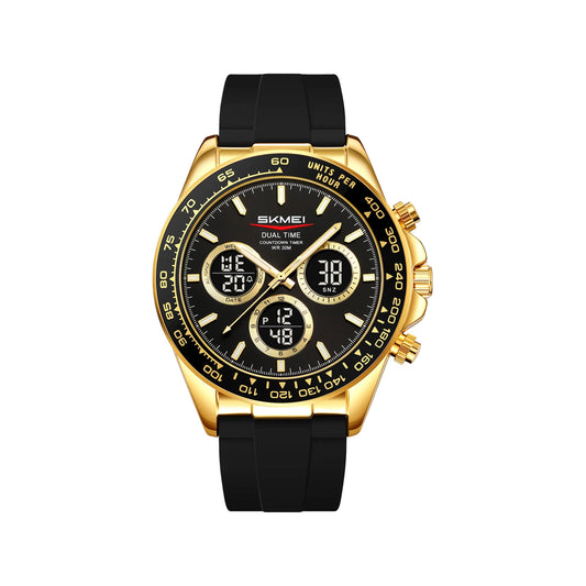 SKMEI 2588 Men’s Dual Display Quartz Watch Gold black– Silicone Strap Waterproof Electronic Wristwatch
