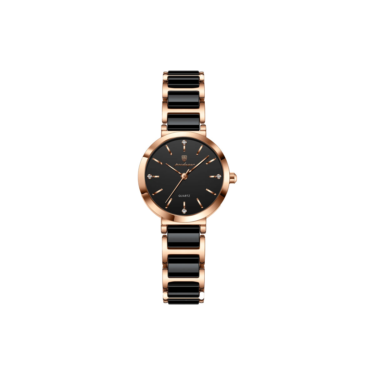 POEDAGAR 505 Women’s Luxury Rose Gold Black Quartz Watch – Ceramic Strap Fashion Wristwatch