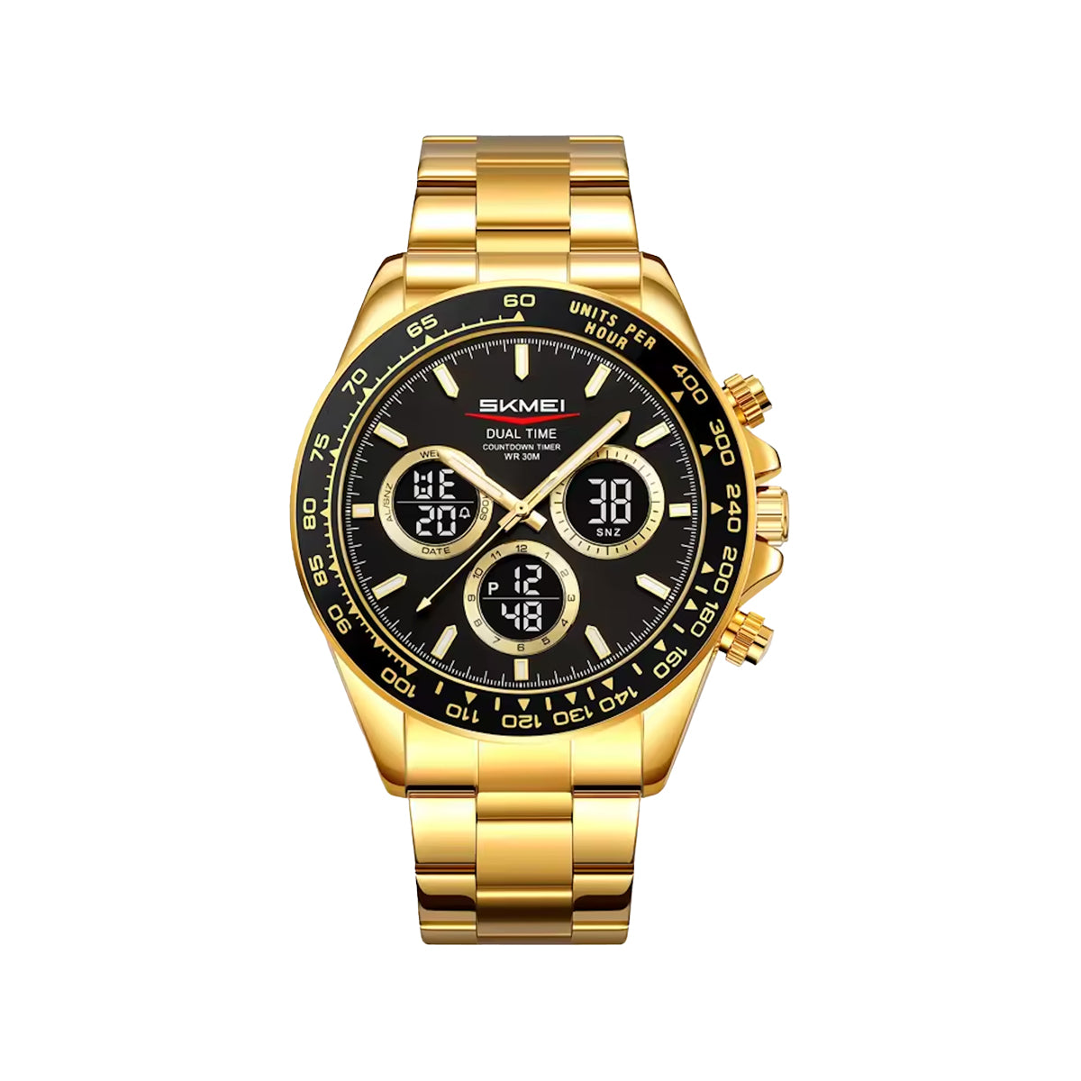 SKMEI 2587 Men’s Dual Display Quartz Watch Golden Black – Stainless Steel Business Waterproof Wristwatch