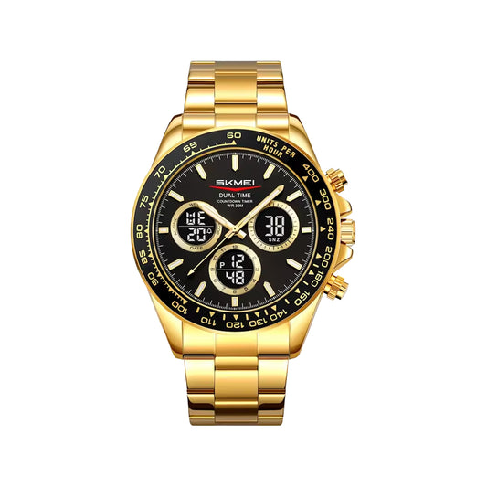 SKMEI 2587 Men’s Dual Display Quartz Watch Golden Black – Stainless Steel Business Waterproof Wristwatch