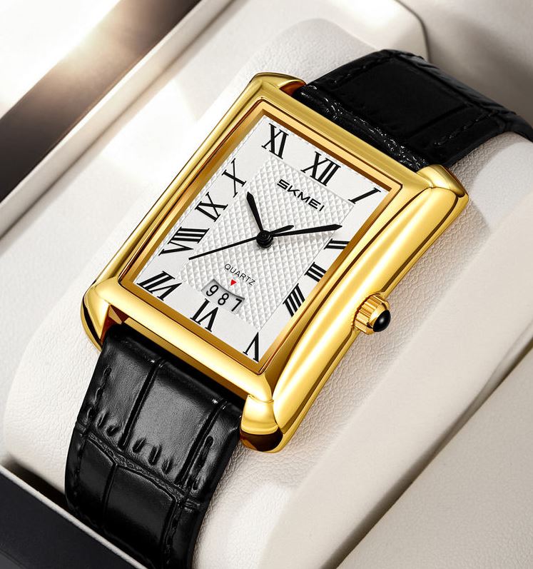 SKMEI 2575 Men’s Square Leather Quartz Watch gold black – Roman Numeral Business Waterproof Wristwatch