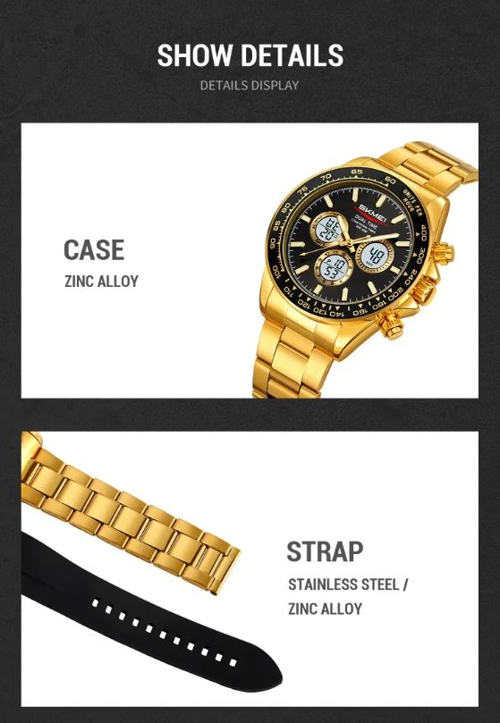 SKMEI 2587 Men’s Dual Display Quartz Watch Golden Black – Stainless Steel Business Waterproof Wristwatch