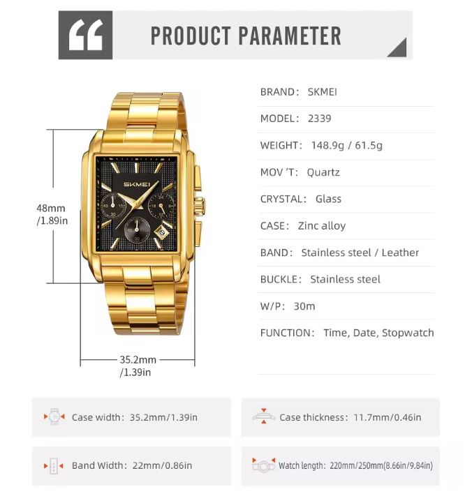 SKMEI 2339 Men’s Square Stainless Steel Quartz Watch Golden Black– Waterproof Business Wristwatch