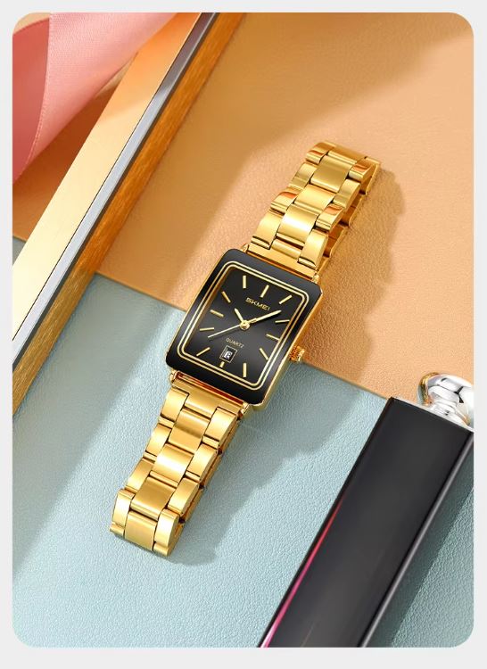 SKMEI 2566 Women’s Luxury Quartz Watch Golden Black –  Business Wristwatch with Date Display