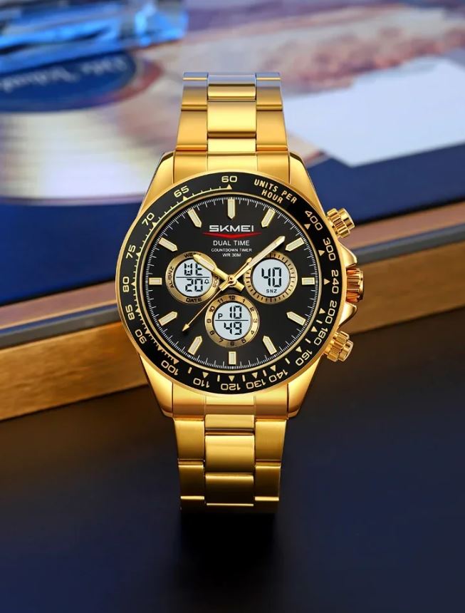 SKMEI 2587 Men’s Dual Display Quartz Watch Golden Black – Stainless Steel Business Waterproof Wristwatch