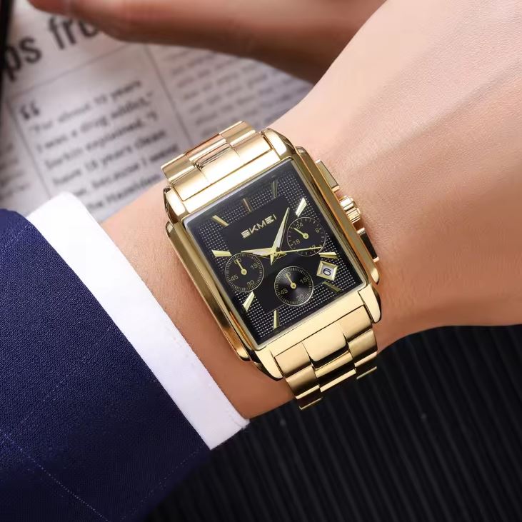 SKMEI 2339 Men’s Square Stainless Steel Quartz Watch Golden Black– Waterproof Business Wristwatch