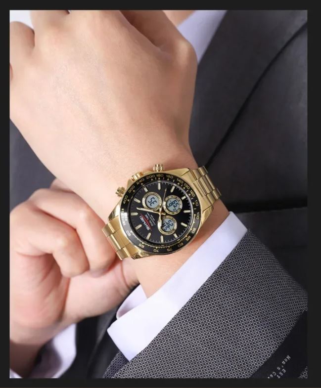 SKMEI 2587 Men’s Dual Display Quartz Watch Golden Black – Stainless Steel Business Waterproof Wristwatch