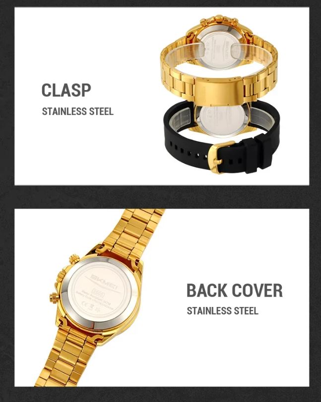 SKMEI 2587 Men’s Dual Display Quartz Watch Golden – Stainless Steel Business Waterproof Wristwatch