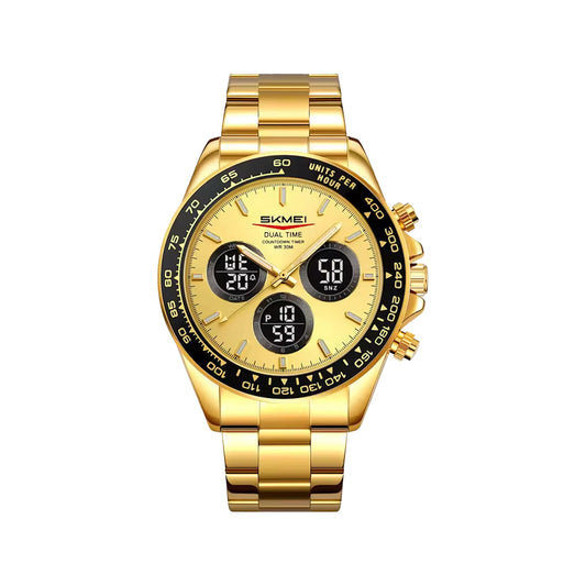 SKMEI 2587 Men’s Dual Display Quartz Watch Golden – Stainless Steel Business Waterproof Wristwatch