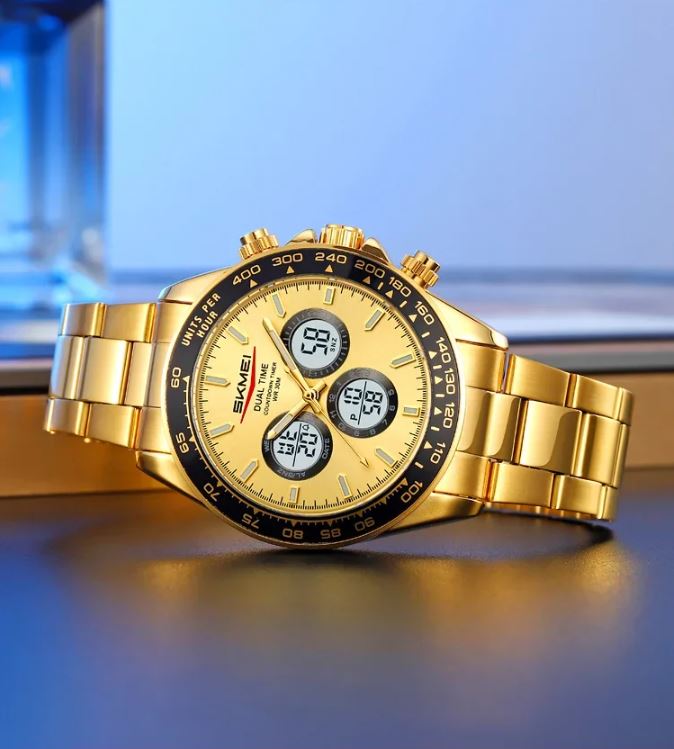 SKMEI 2587 Men’s Dual Display Quartz Watch Golden – Stainless Steel Business Waterproof Wristwatch