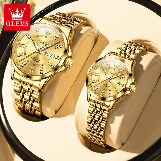 OLEVS 3620 Luxury Couple Quartz Watch Golden– Stainless Steel Matching Wristwatch Set