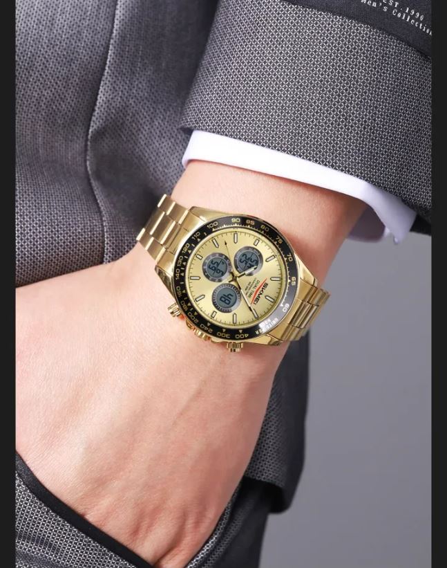 SKMEI 2587 Men’s Dual Display Quartz Watch Golden – Stainless Steel Business Waterproof Wristwatch