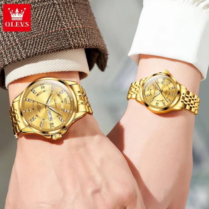 OLEVS 3620 Luxury Couple Quartz Watch Golden– Stainless Steel Matching Wristwatch Set