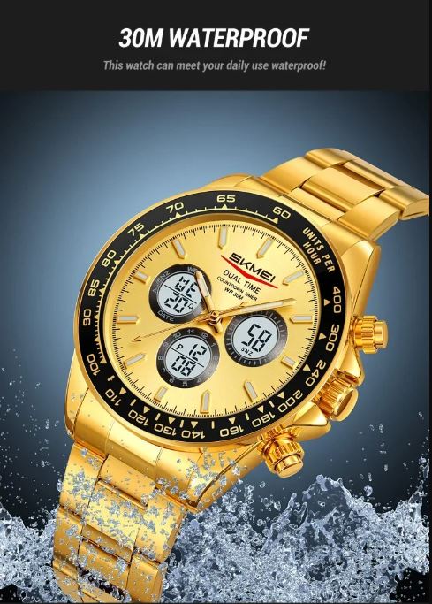 SKMEI 2587 Men’s Dual Display Quartz Watch Golden – Stainless Steel Business Waterproof Wristwatch