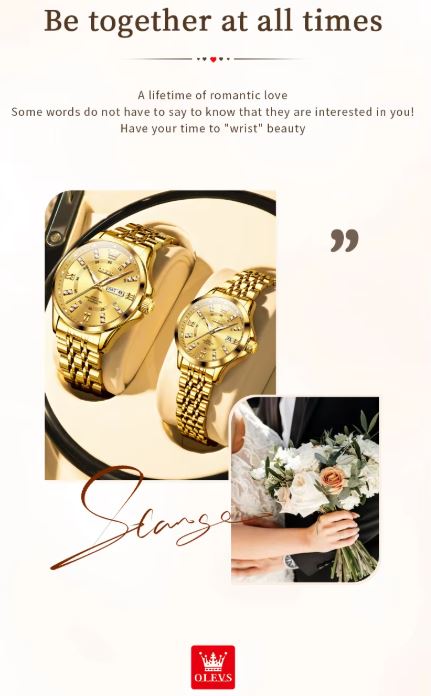 OLEVS 3620 Luxury Couple Quartz Watch Golden– Stainless Steel Matching Wristwatch Set