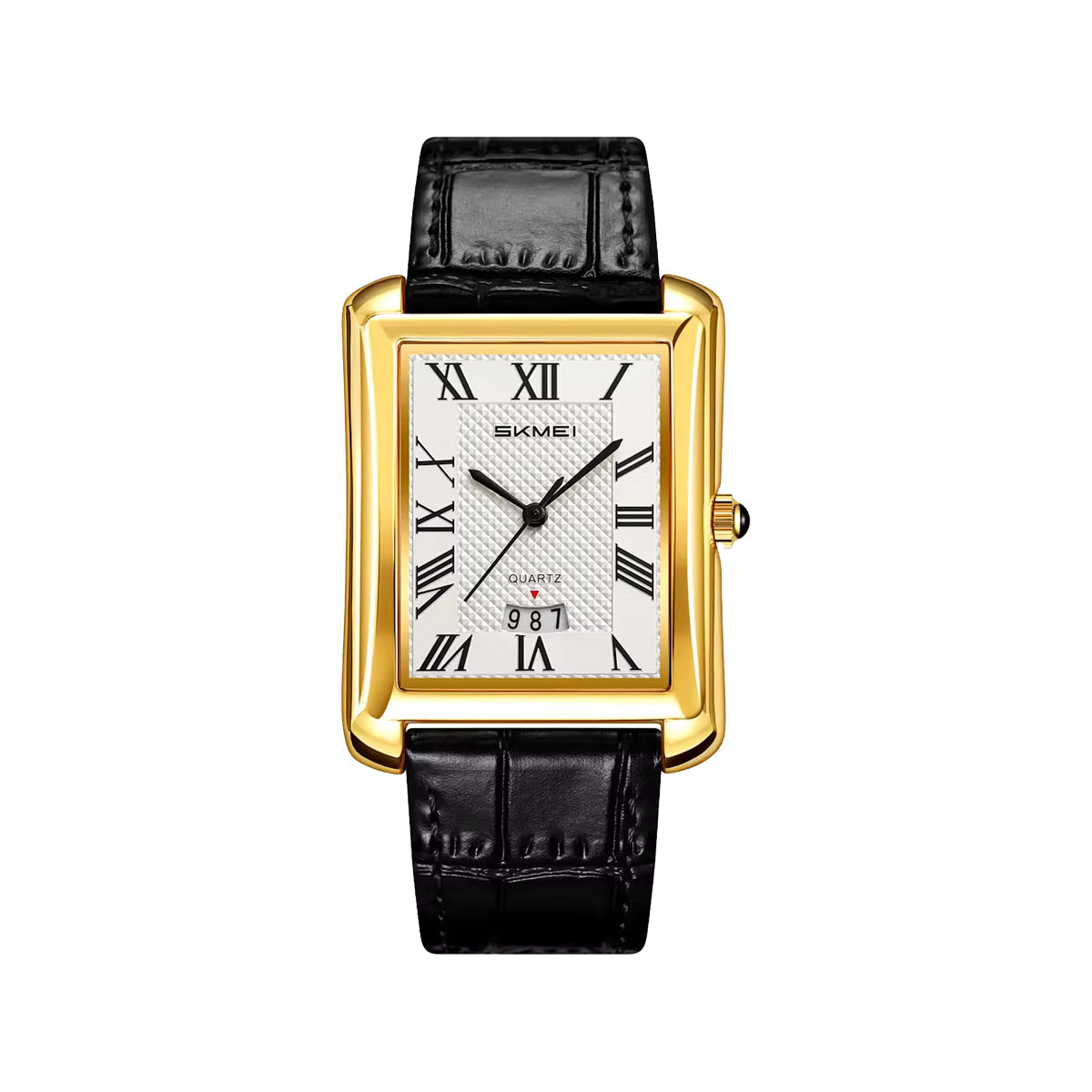 SKMEI 2575 Men’s Square Leather Quartz Watch gold black – Roman Numeral Business Waterproof Wristwatch
