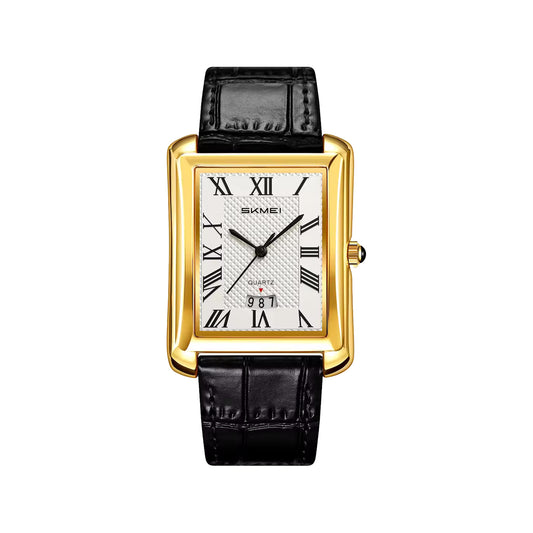 SKMEI 2575 Men’s Square Leather Quartz Watch gold black – Roman Numeral Business Waterproof Wristwatch
