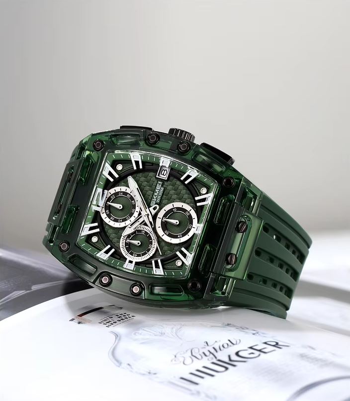 SKMEI 2606 Men’s Big Tonneau Sports Watch Green– Multi Functional Waterproof Quartz Wristwatch