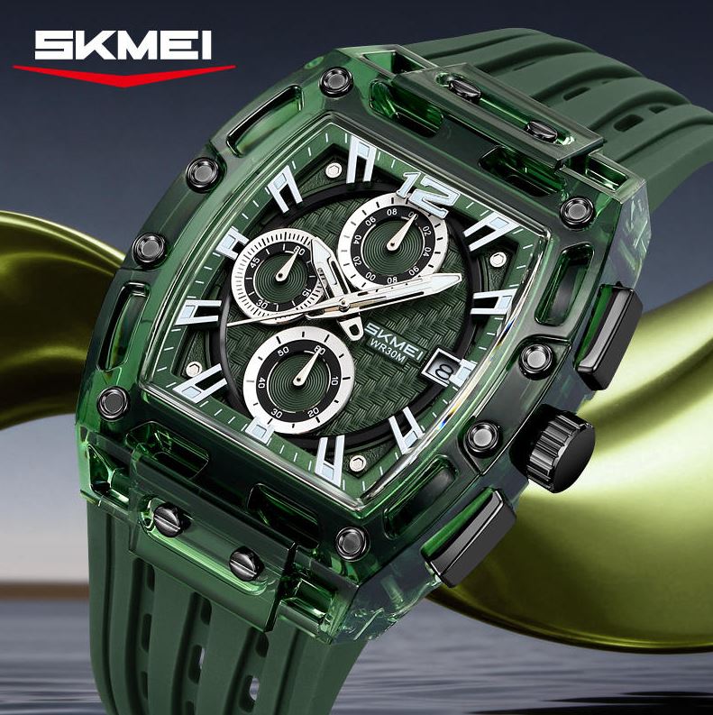 SKMEI 2606 Men’s Big Tonneau Sports Watch Green– Multi Functional Waterproof Quartz Wristwatch