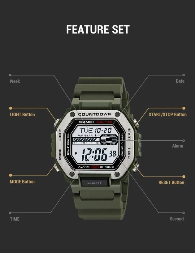 SKMEI 2522 Men’s Sport Digital Watch Army Green– Chrono Military Date Electronic Wristwatch