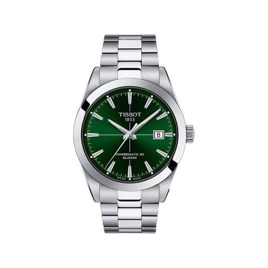 Tissot Automatic 60 Milum wristwatch with a green dial and a silver stainless steel link bracelet, shown against a plain white background.