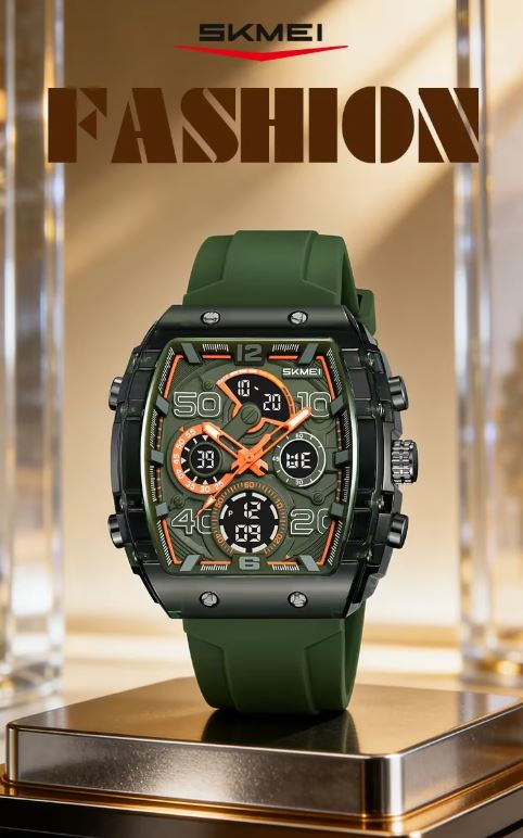 SKMEI 2603 Men’s Tonneau Digital Sports Watch Army Green– Chrono Waterproof LED Wristwatch