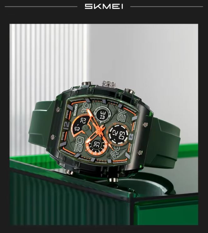 SKMEI 2603 Men’s Tonneau Digital Sports Watch Army Green– Chrono Waterproof LED Wristwatch